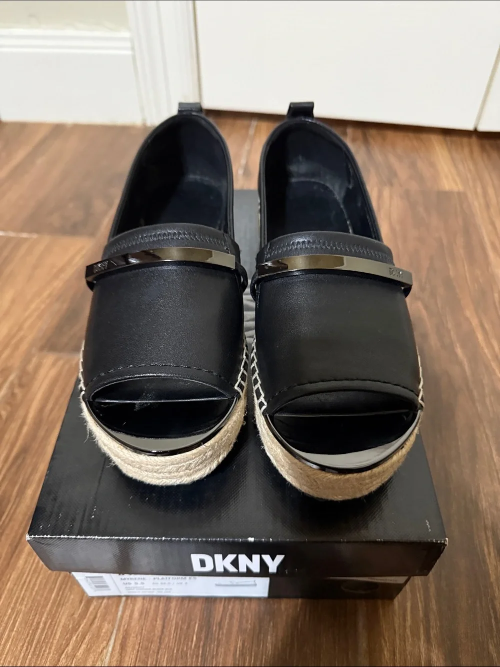 DKNY Black Leather Espadrille Platform Peep-Toe Slides